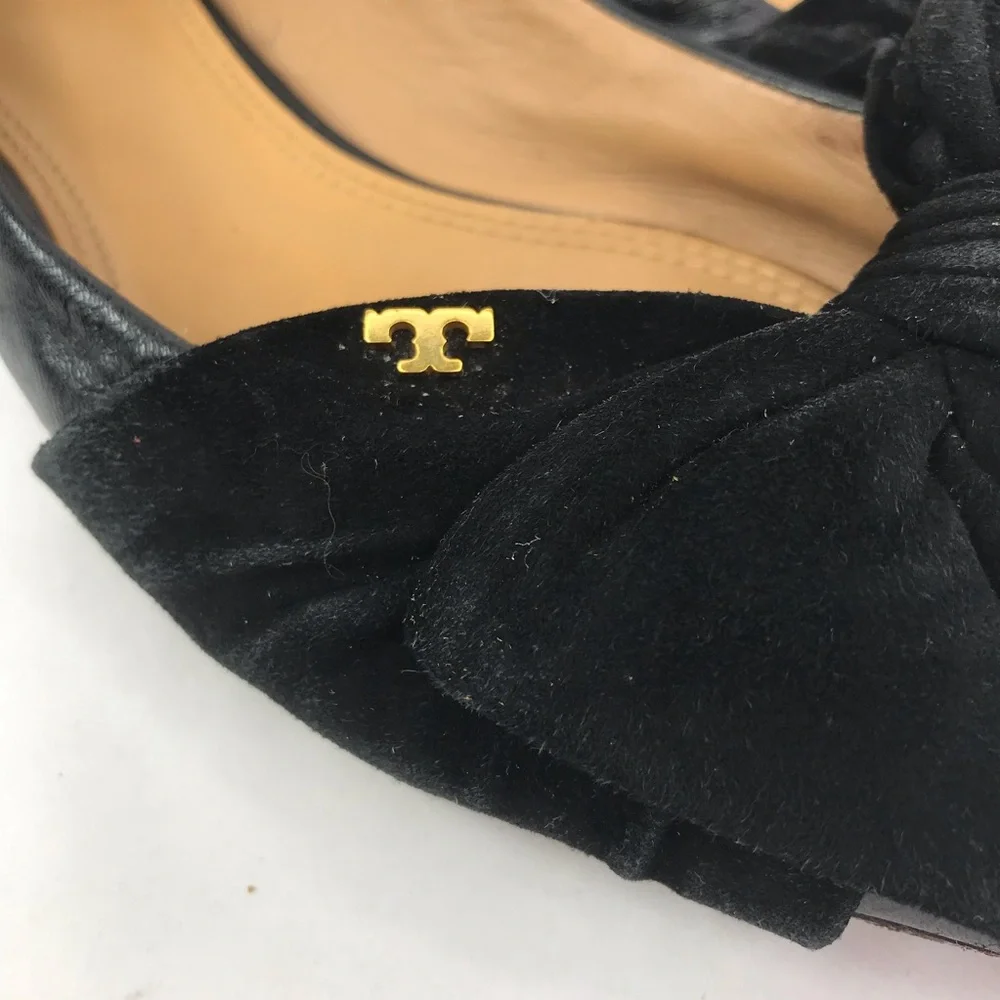 Tory Burch Women's Size 10 Eleanor Flat Black Leather Bow Pointed Toe Shoes